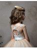 Beaded Ivory Lace Champagne Tulle Keyhole Back Flower Girl Dress